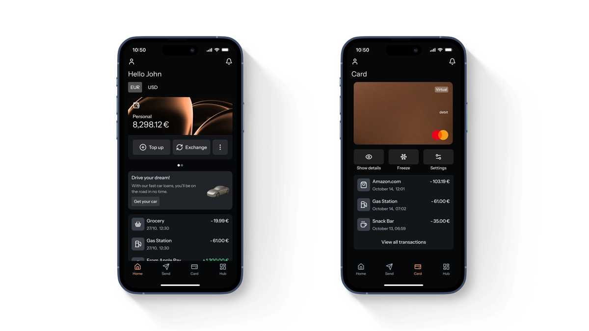 BKN301 digital banking mobile app showing account balance, transaction history and virtual card controls