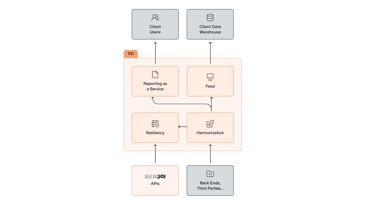 Diagram of BKN301 Data Decoupling harmonising API and third-party data into reporting and feed services for client users and data warehouses