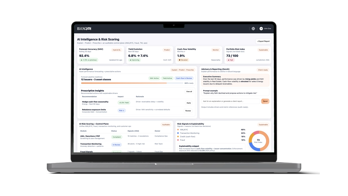 BKN301 Forecast dashboard showing NAV forecast accuracy, yield evolution, cash-flow volatility and portfolio risk index with explainable risk signals