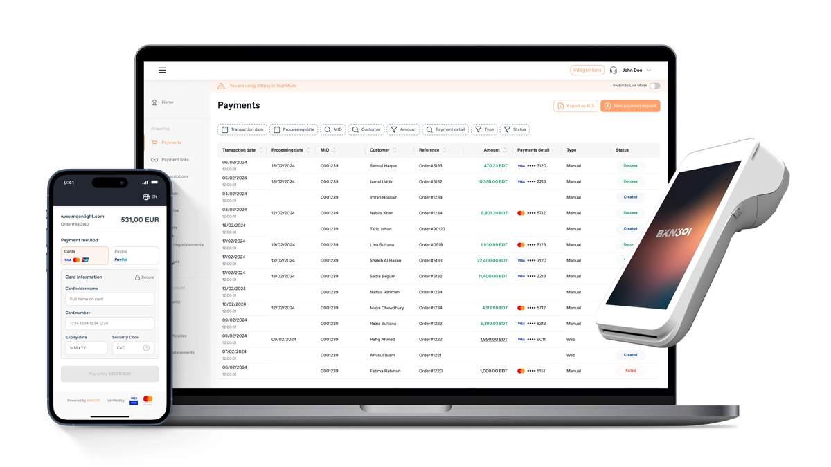 BKN301 payments platform showing a transaction management dashboard, online checkout on mobile and a branded POS terminal