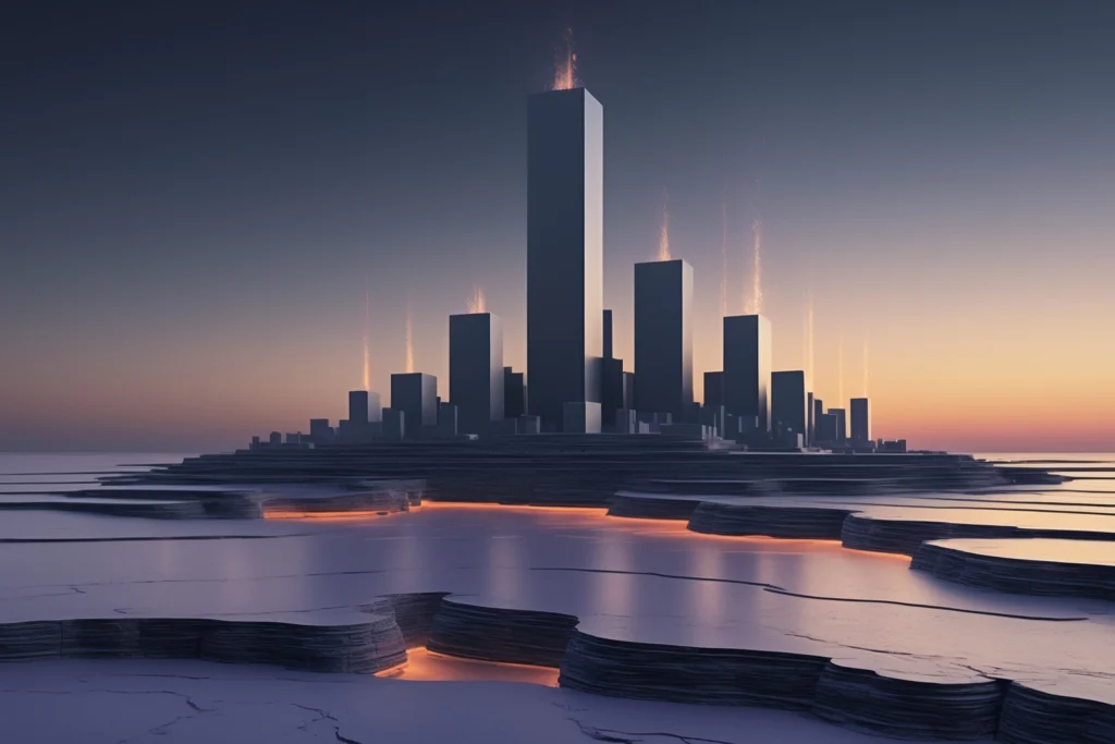 Dark skyline of banking towers rising from glowing layers of data, illustrating the banking data layer that sits beneath financial institutions