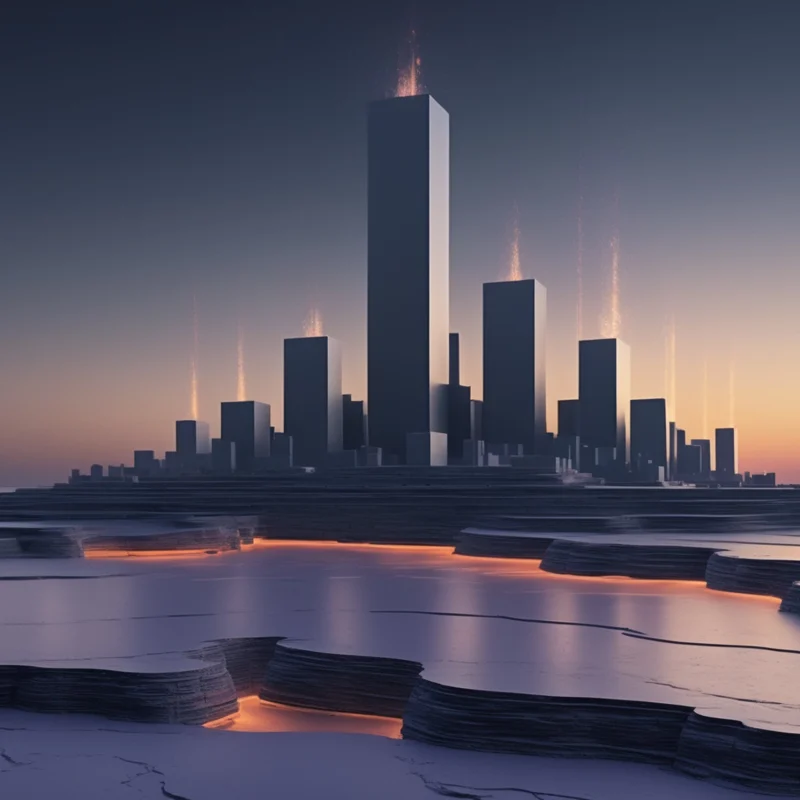 Dark skyline of banking towers rising from glowing layers of data, illustrating the banking data layer that sits beneath financial institutions