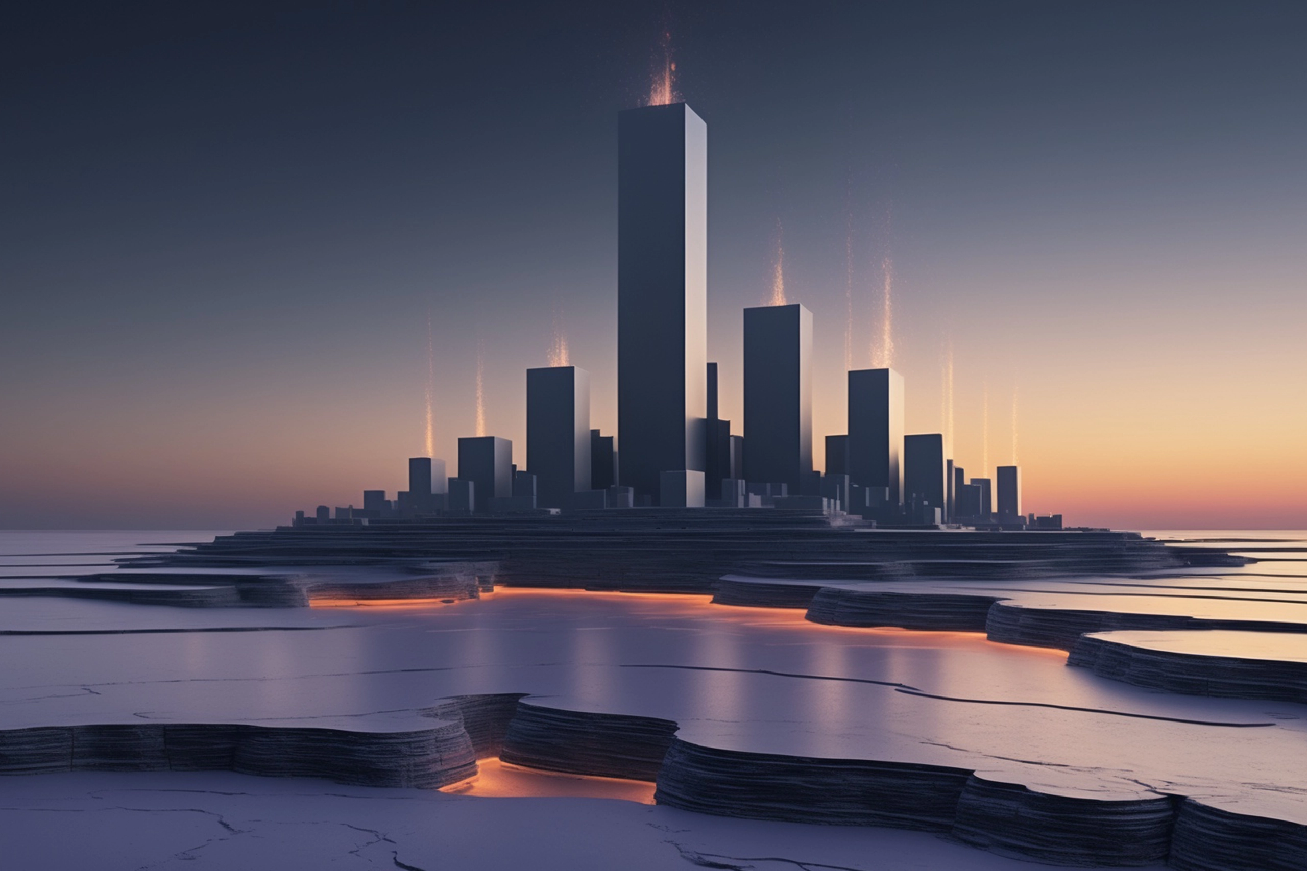 Dark skyline of banking towers rising from glowing layers of data, illustrating the banking data layer that sits beneath financial institutions