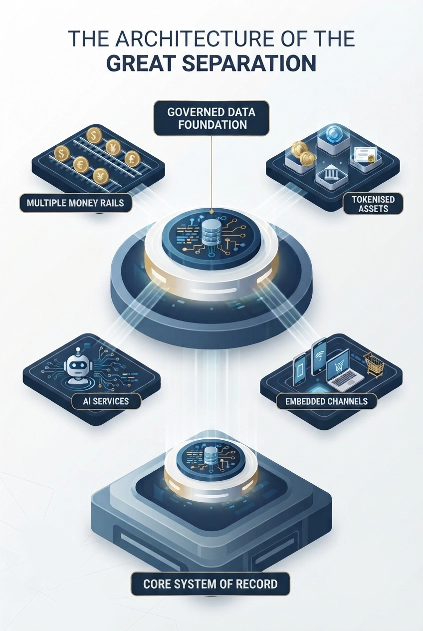 Isometric overview of the Great Separation architecture: a governed data foundation sits above the core system of record and connects four capability layers — multiple money rails, tokenised assets, AI services and embedded channels