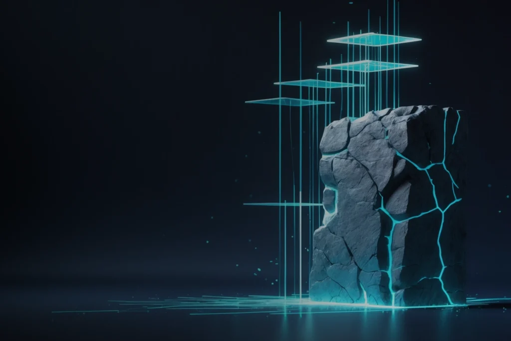 Cracked stone monolith lit by glowing data lines on a dark background, illustrating fragmented legacy core banking systems and the need for data decoupling