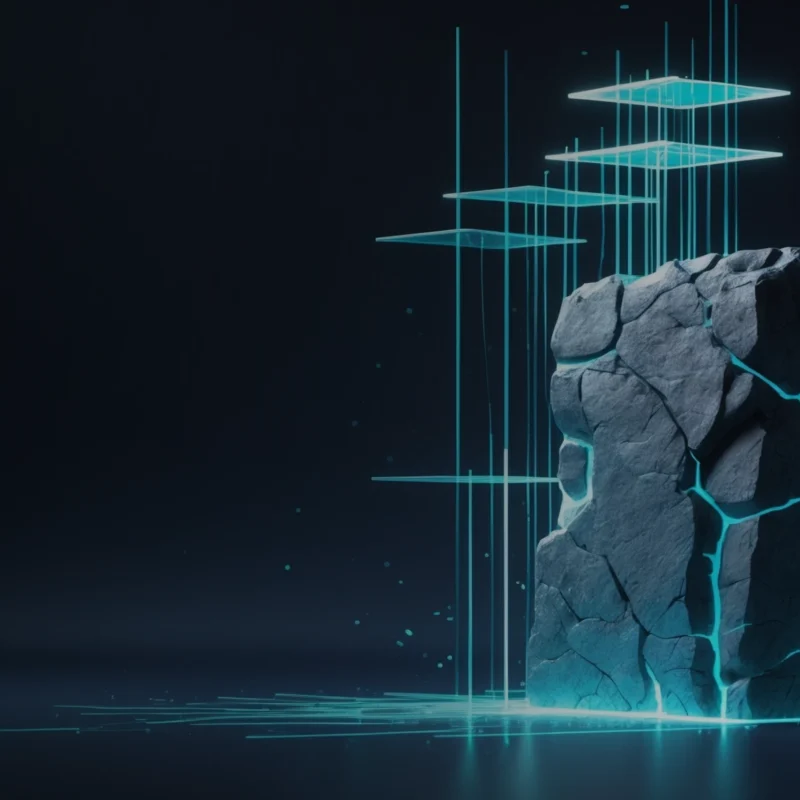 Cracked stone monolith lit by glowing data lines on a dark background, illustrating fragmented legacy core banking systems and the need for data decoupling