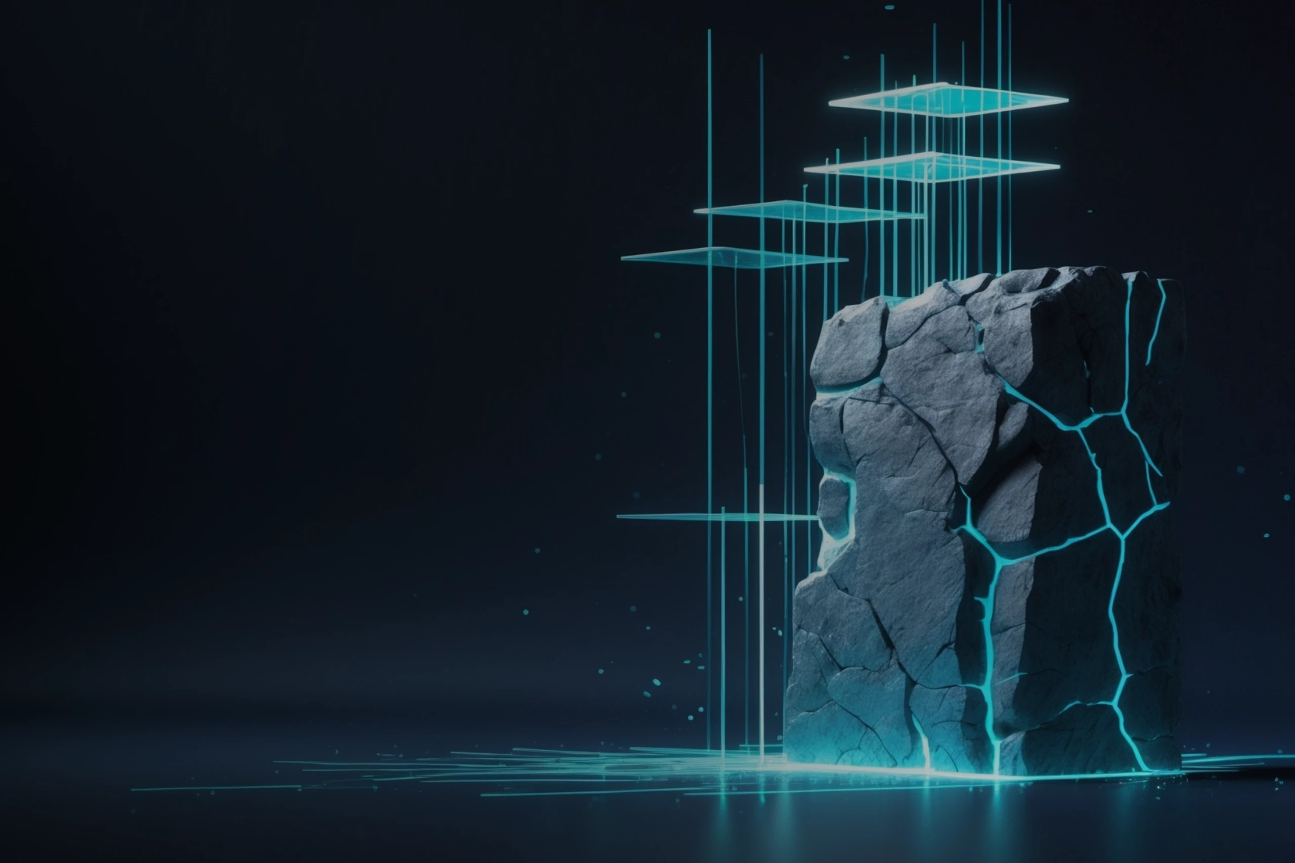 Cracked stone monolith lit by glowing data lines on a dark background, illustrating fragmented legacy core banking systems and the need for data decoupling