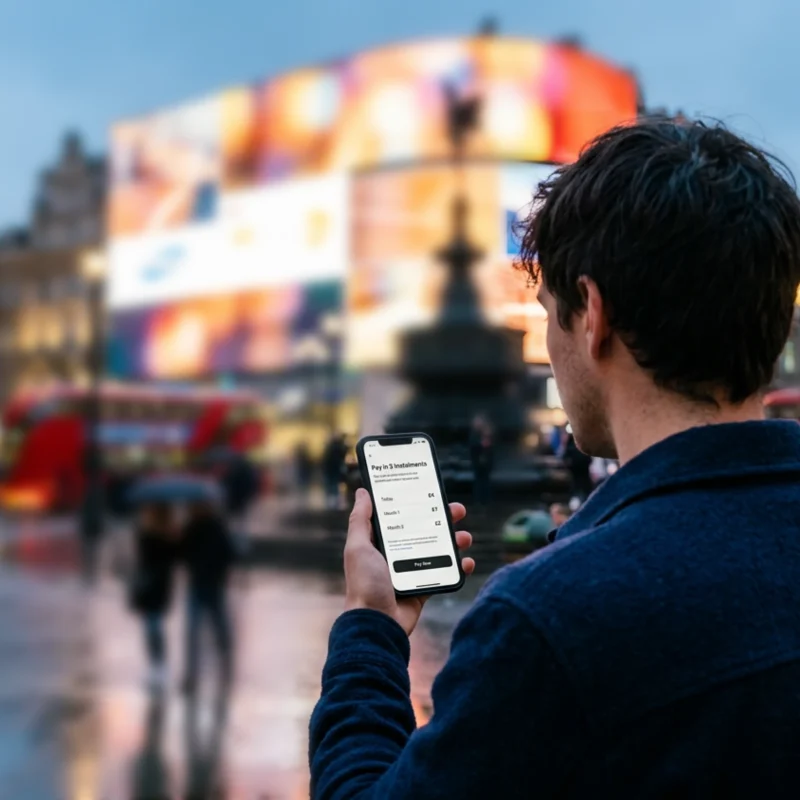 Shopper seen from behind using a Buy Now Pay Later (BNPL) “pay in 3 instalments” checkout on a smartphone in Piccadilly Circus, London, as FCA BNPL regulation comes into effect in the UK