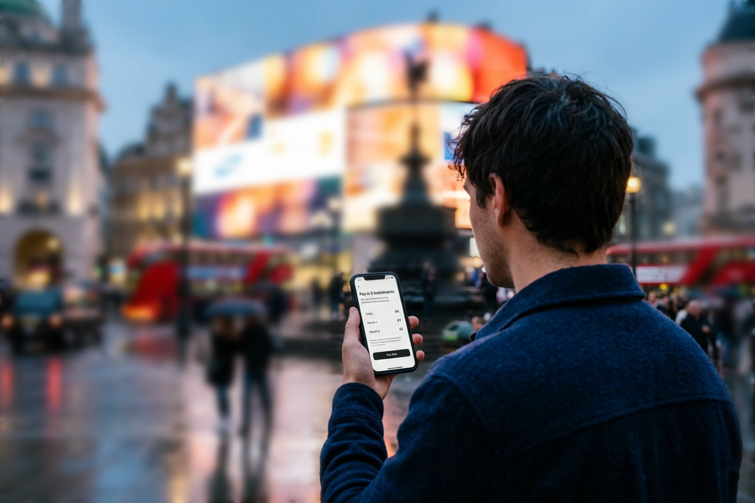 Shopper seen from behind using a Buy Now Pay Later (BNPL) “pay in 3 instalments” checkout on a smartphone in Piccadilly Circus, London, as FCA BNPL regulation comes into effect in the UK